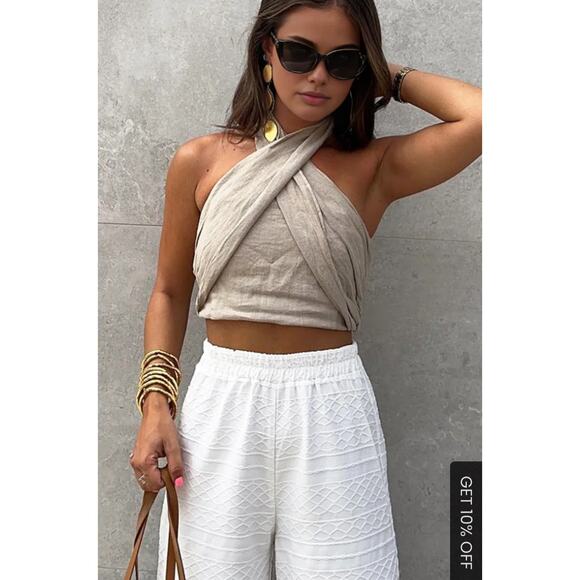 NWT. Commence Khaki Cotton and Linen Cross Halter Tank -Size XS - Picture 1 of 12